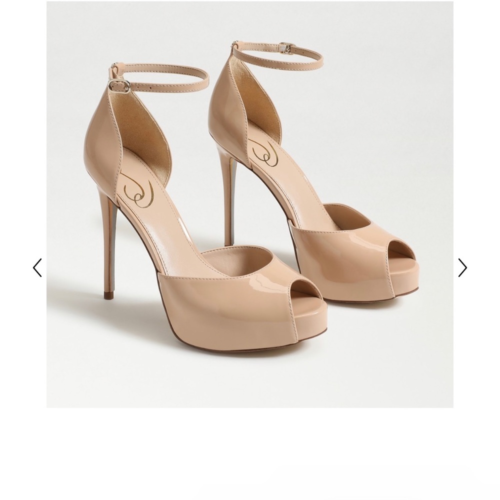FLORENCIA PEEP TOE PLATFORM HEEL size 7 COLOR:  Beige Blush Patent. Used